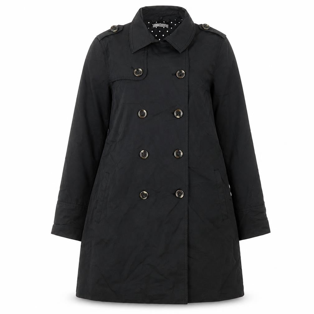 Front view of Tex Women's Black Trench Coat, size 14, Button Accents