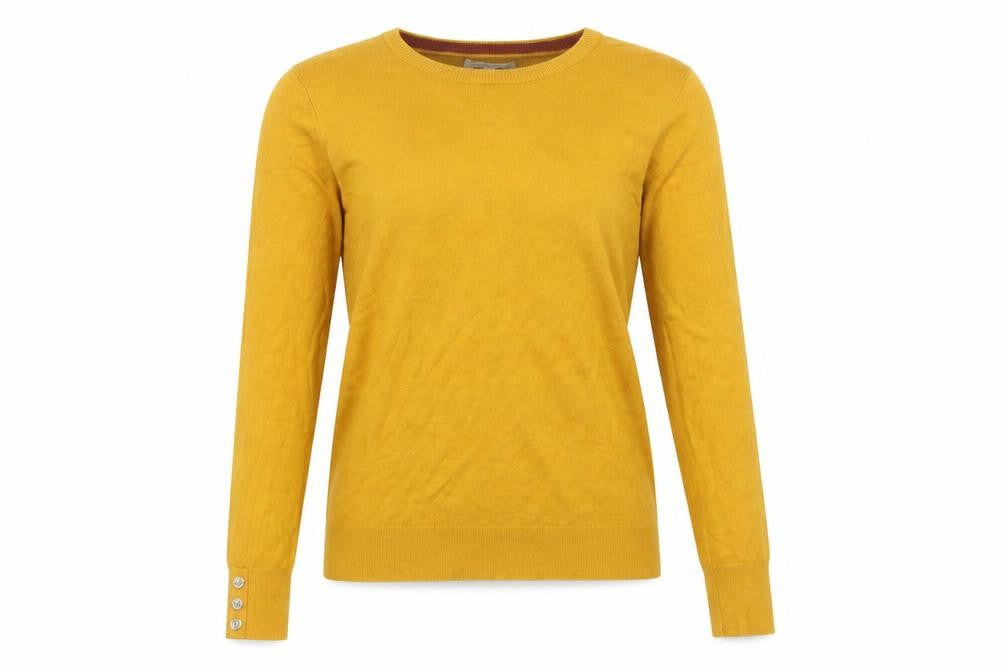 Front view of Warehouse Women's Yellow Knit Jumper, size 6, Round Neck