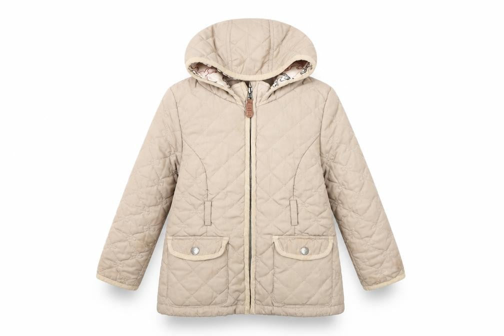 Front view of Jasper Conran girls’ beige quilted hooded coat, size 4-5