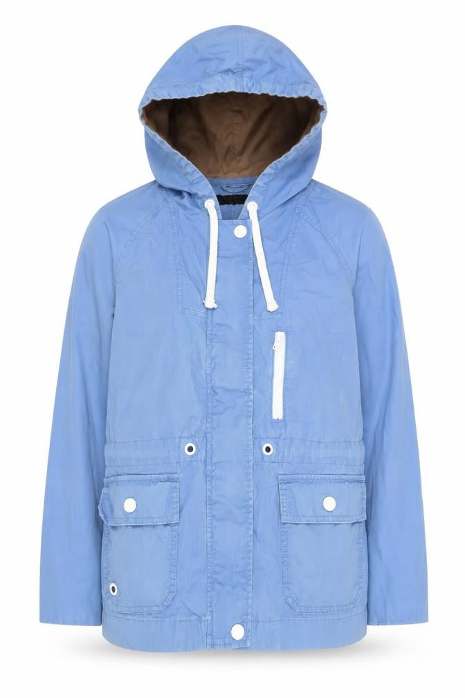 Front view of Next Women's Blue Hooded Jacket, size 12, Casual Mid-Length