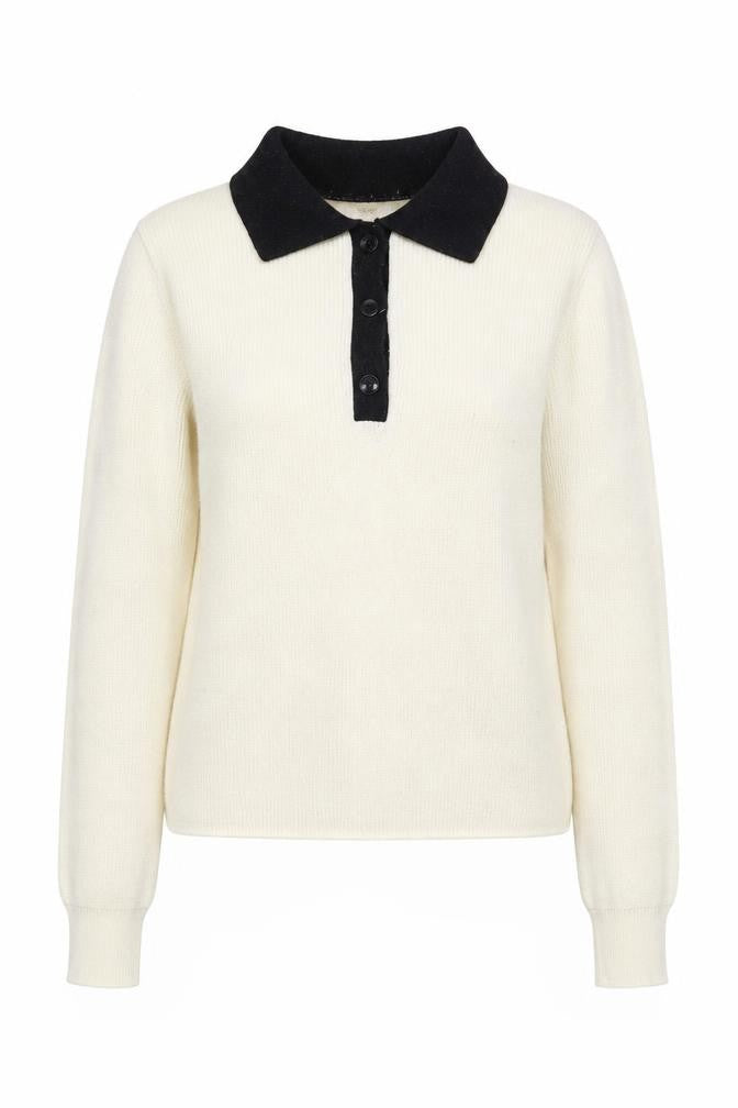 Front view of Mango Women's Ivory Collared Long Sleeve Jumper