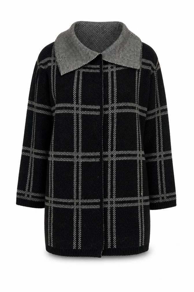 Front view of Next Women's Black Check Collared Open Front Cardigan, size L