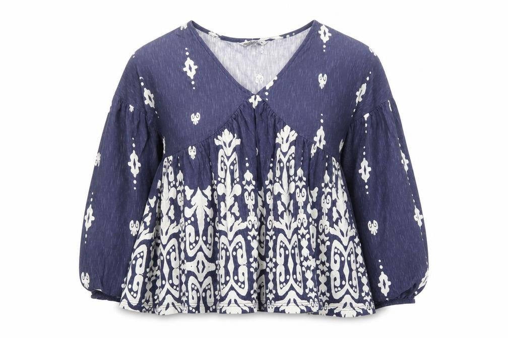 Front view of Next Women's Blue Geometric Tunic Blouse, size 8, Petite