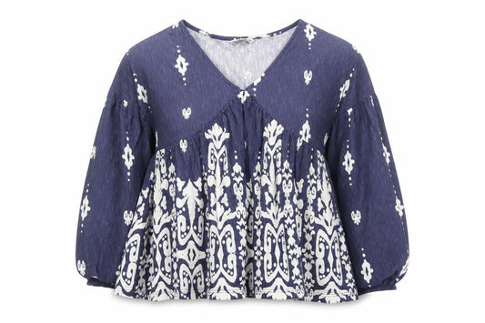 Front view of Next Women's Blue Geometric Tunic Blouse, size 8, Petite