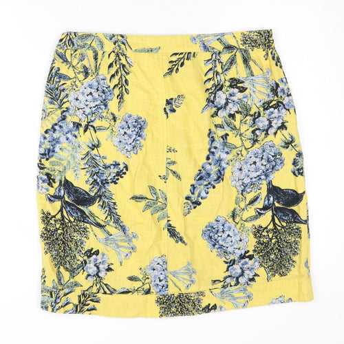 Next Women's Floral Yellow Skirt, Size 12, Linen Blend