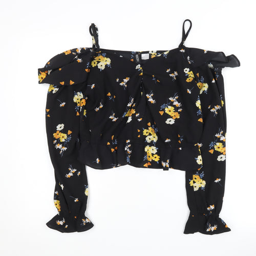 H&M Women's Black Floral Cropped Blouse - Size 12