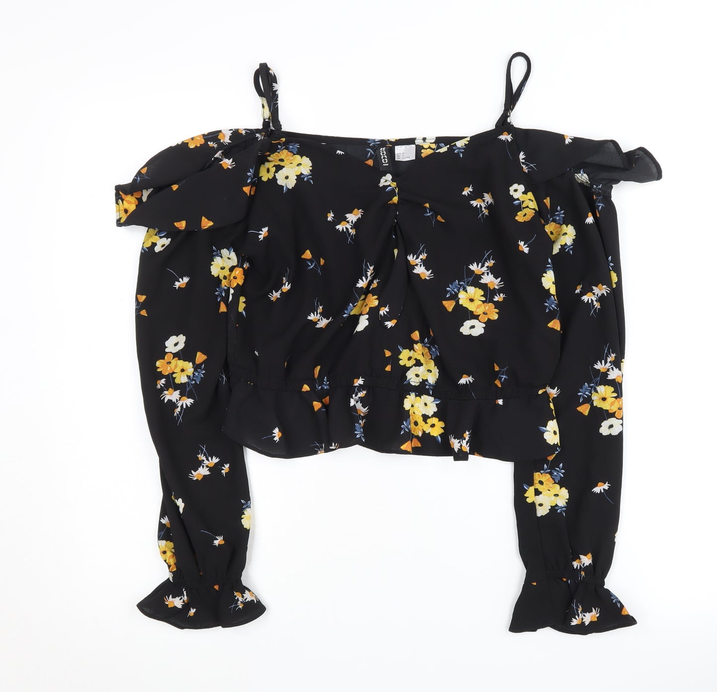 H&M Women's Black Floral Cropped Blouse - Size 12