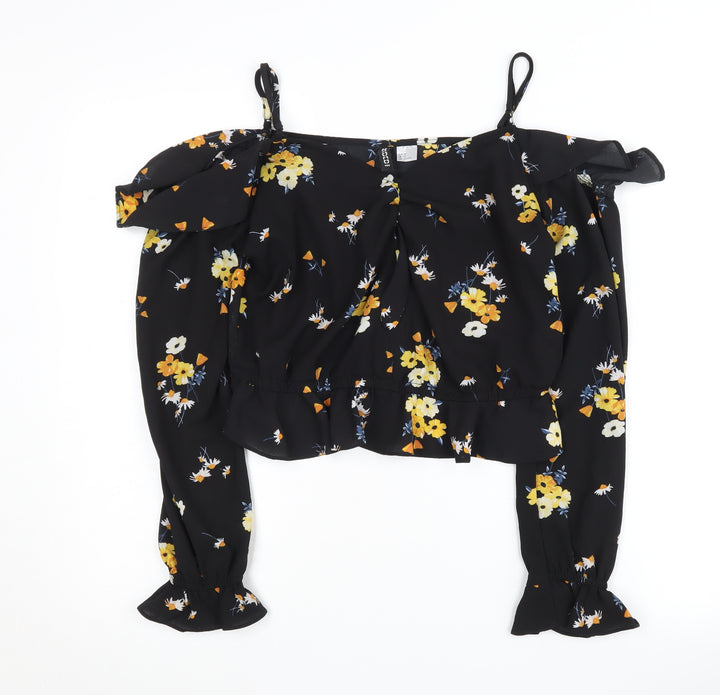 H&M Women's Black Floral Cropped Blouse - Size 12