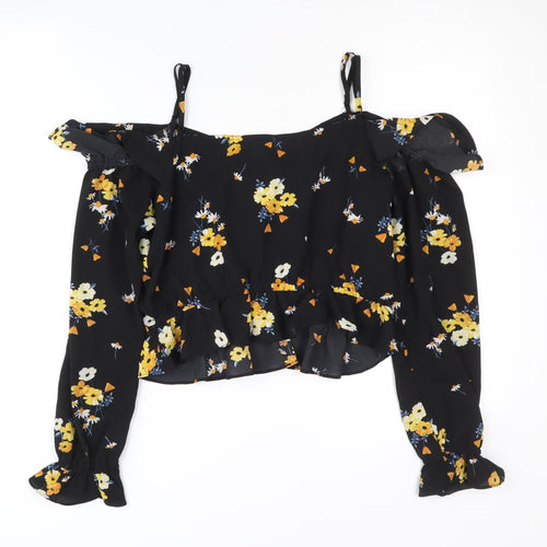 H&M Women's Black Floral Cropped Blouse - Size 12