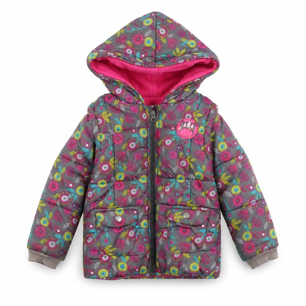 Front view of La Compagnie des Petits girls’' floral puffer jacket, 3 years
