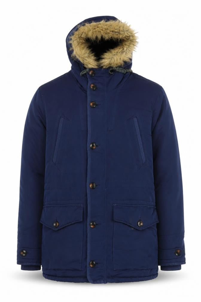 Front view of Burton Menswear Blue Hooded Parka Coat Large