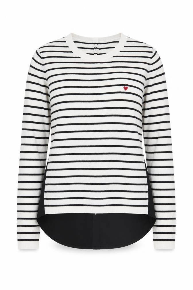 Front view of Oui Women's Black White Striped Cardigan, size 10