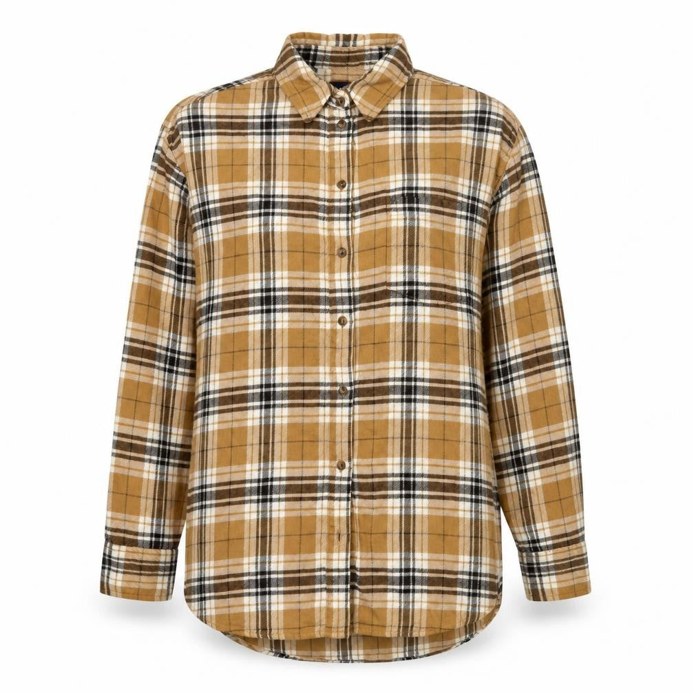Front view of Gap Women's XS Brown Plaid Button-Up Shirt