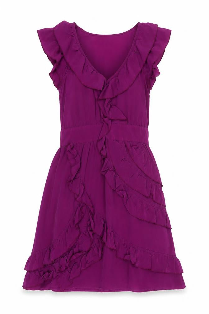 Front view of Warehouse Women’s Purple Silk Ruffle Dress