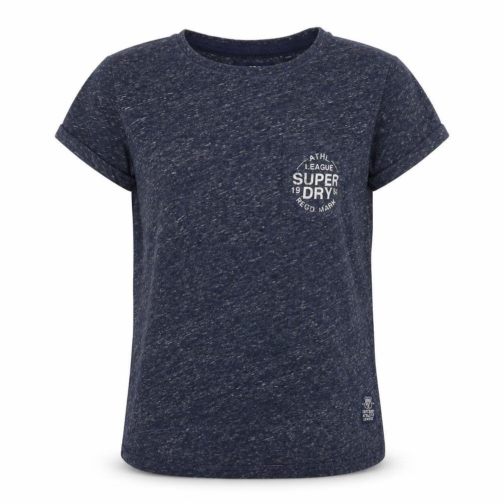 Front view of Superdry unisex blue t-shirt - small, crew neck, casual