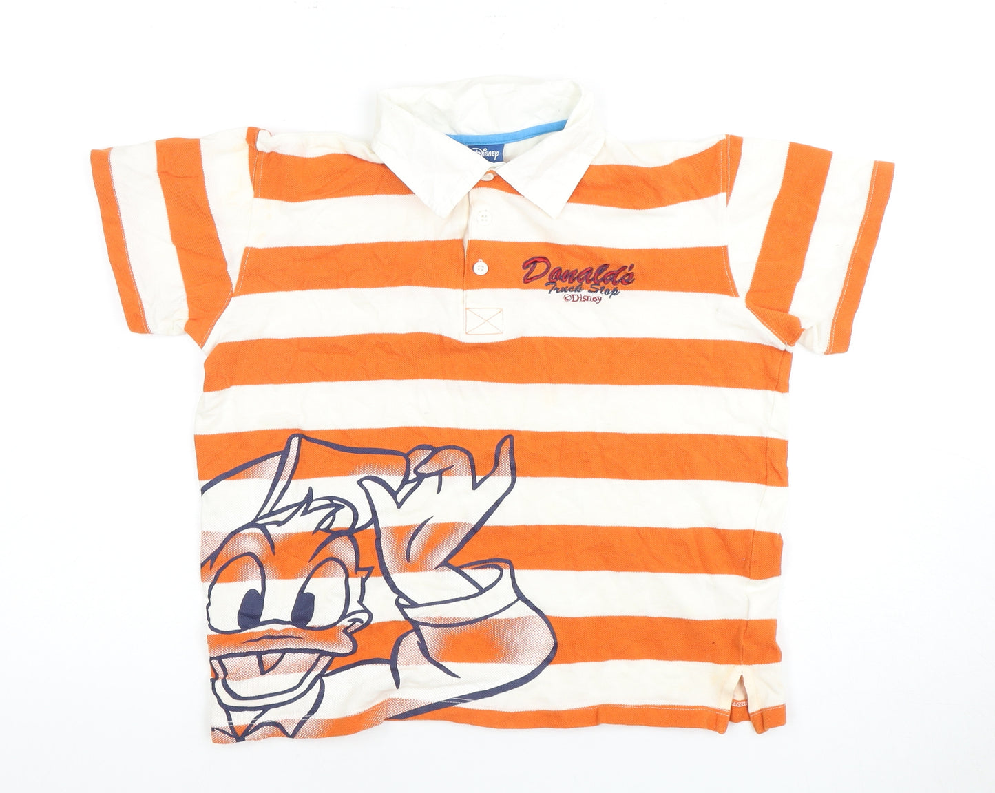 Disney Boys Orange Striped Polo with Donald Duck Design (Size 12)