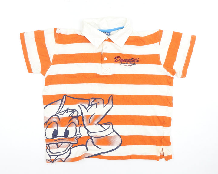Disney Boys Orange Striped Polo with Donald Duck Design (Size 12)