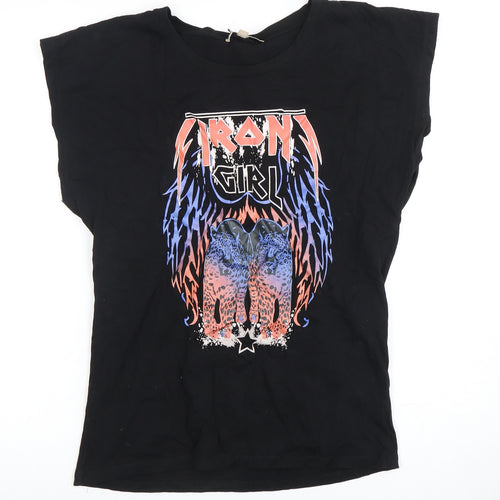 Ruka Women's Black Cotton Rock Graphic T-Shirt - Size S
