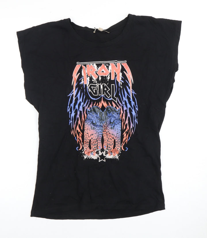 Ruka Women's Black Cotton Rock Graphic T-Shirt - Size S