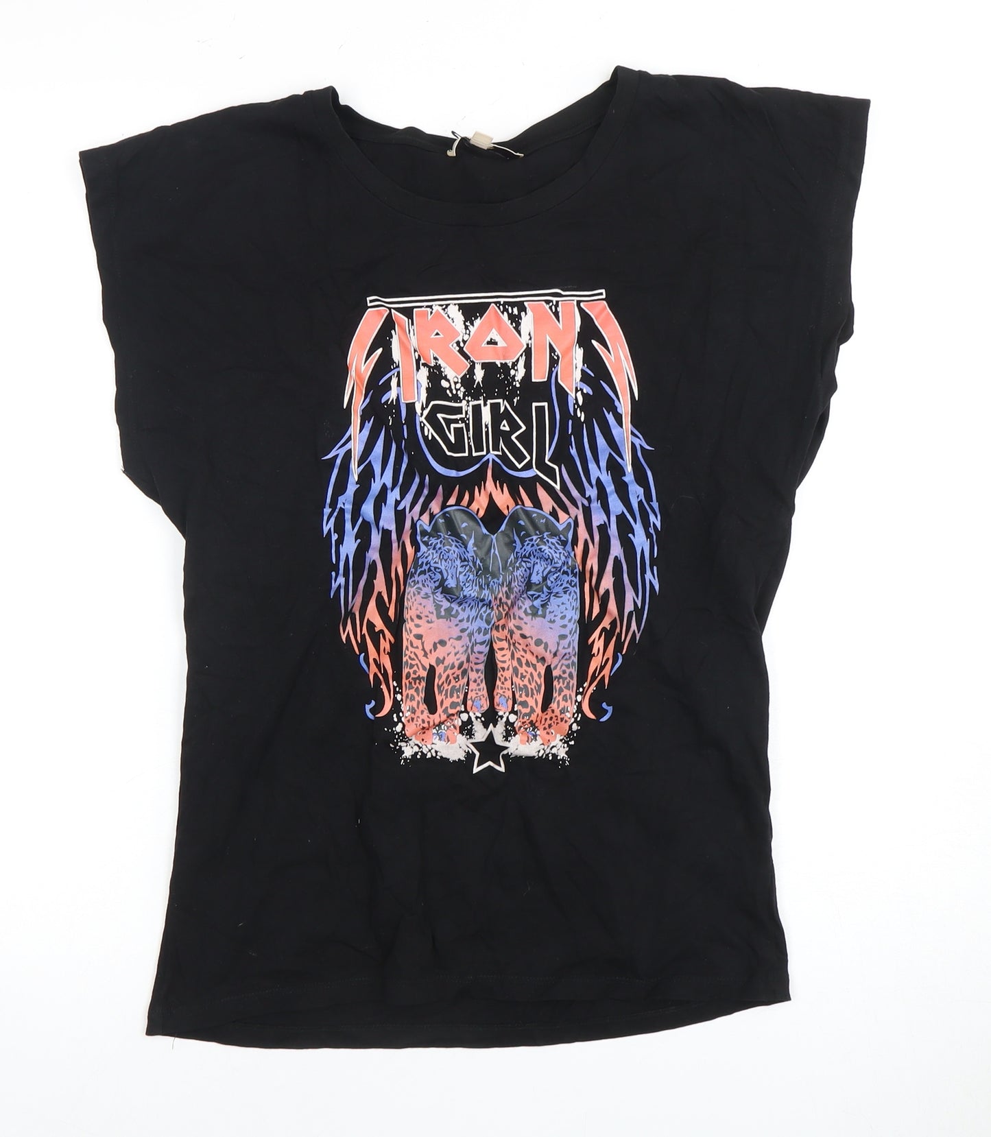 Ruka Women's Black Cotton Rock Graphic T-Shirt - Size S