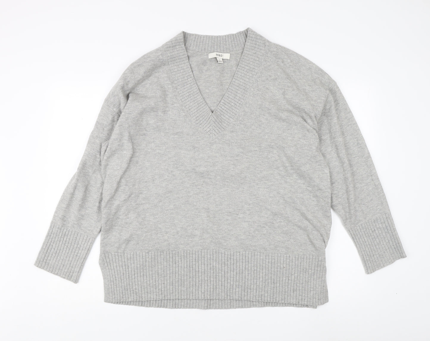 Marks and Spencer Women's Grey V-Neck Knit Jumper - L