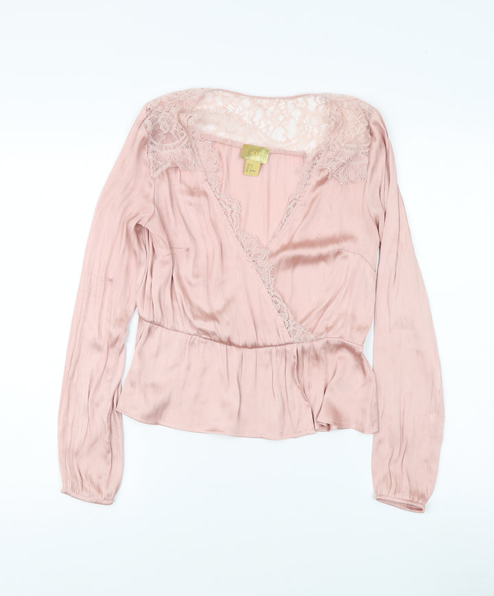 H&M Women's Pink Lace Wrap Blouse, Size 8, Elegant Style