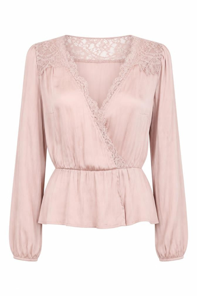 Front view of H&M Women's Pink Lace Wrap Blouse, size 8, Elegant Style