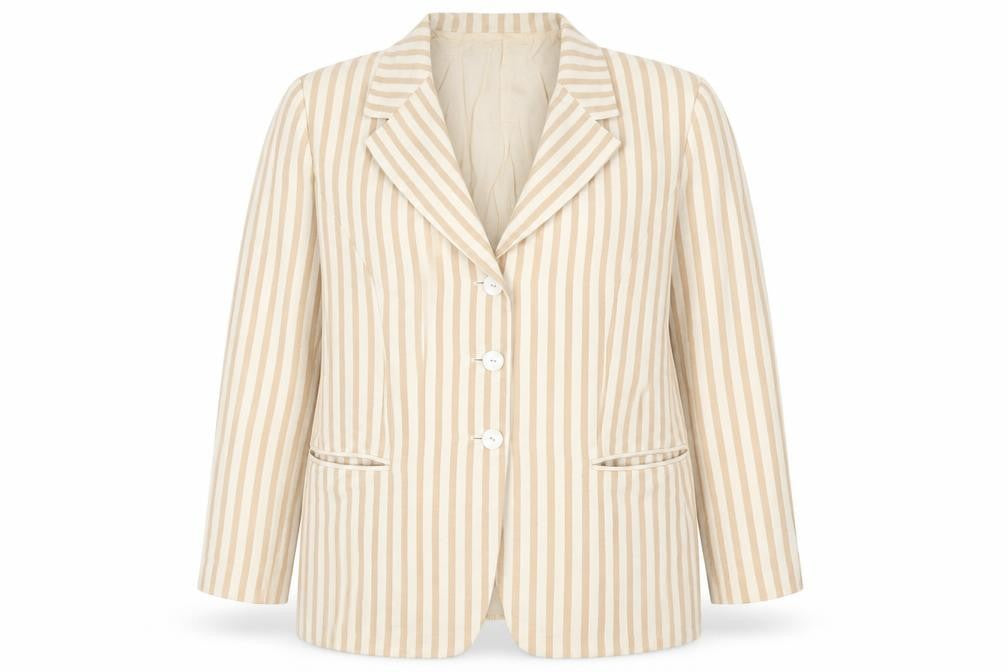 Front view of Sonia Lazaroff Women's Beige Striped Blazer, UK 20