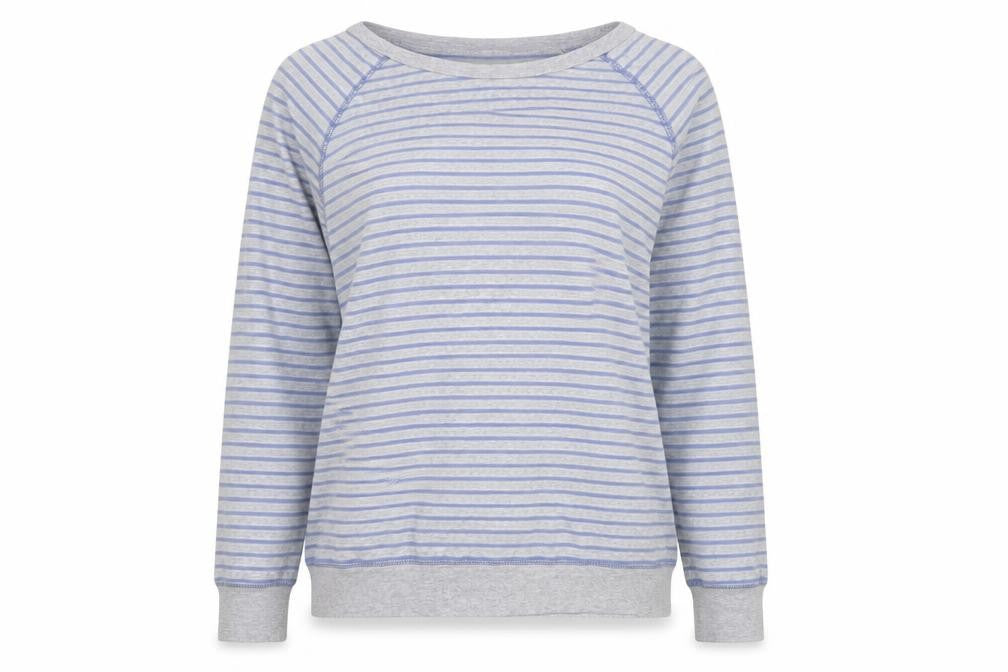 Front view of Hush Women's Grey Blue Striped Long Sleeve Boat Neck Top