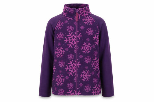Front view of Mountain Warehouse girls’ purple snowflake fleece jacket, size 9-10
