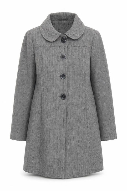 Front view of MK Women's Grey Check Overcoat, size 16, Classic Style