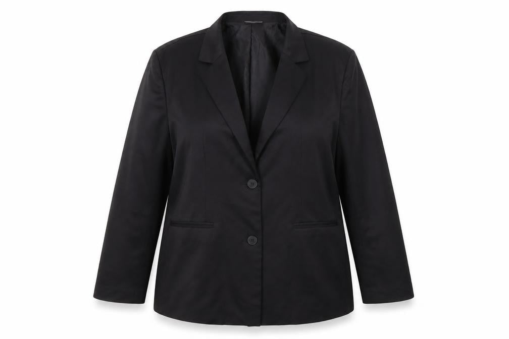 Front view of Collusion Women's Black Blazer, size 18, Notch Lapel