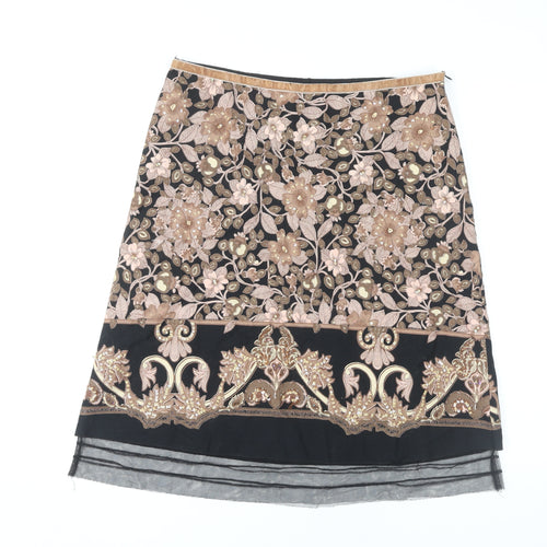 VILA Women's Black A-Line Floral Embroidered Skirt L