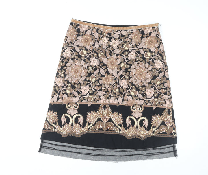 VILA Women's Black A-Line Floral Embroidered Skirt L