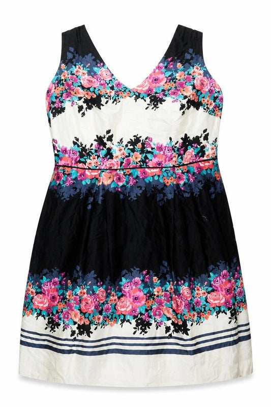 Front view of Monsoon Women's Floral Dress, size 22, Multicoloured V-Neck