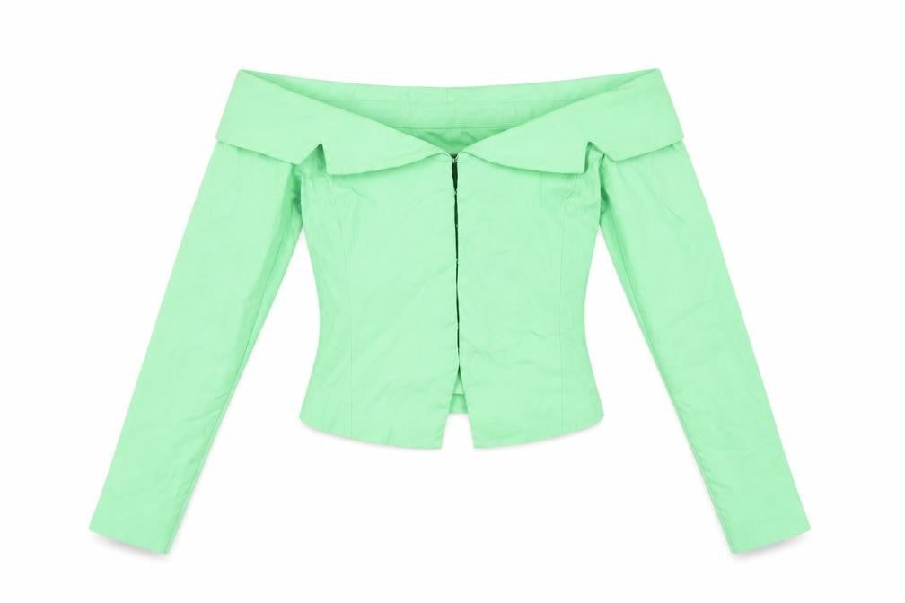 Front view of Zara Women's Green Cropped Blouse, S, Off Shoulder