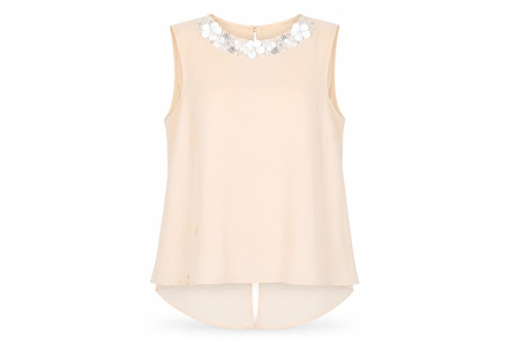 Front view of New Look Women's Beige Beaded Sleeveless Blouse 12