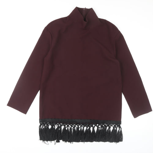 Zara Women's Red Fringe Blouse High Neck Size 12
