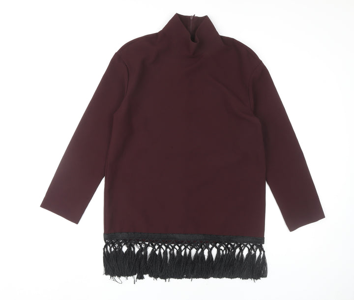 Zara Women's Red Fringe Blouse High Neck Size 12