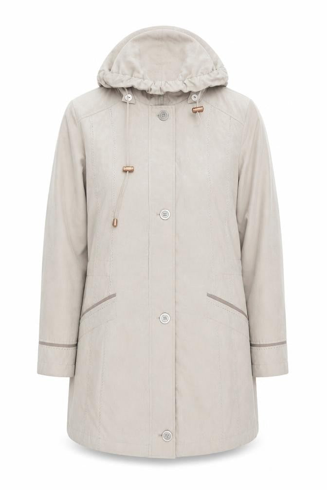Front view of Bonmarché Women's Beige Rain Coat Medium Long Hooded