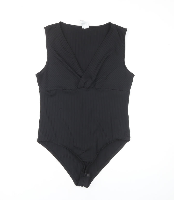 H&M Women's Black Bodysuit, Size L, V-Neck, Casual