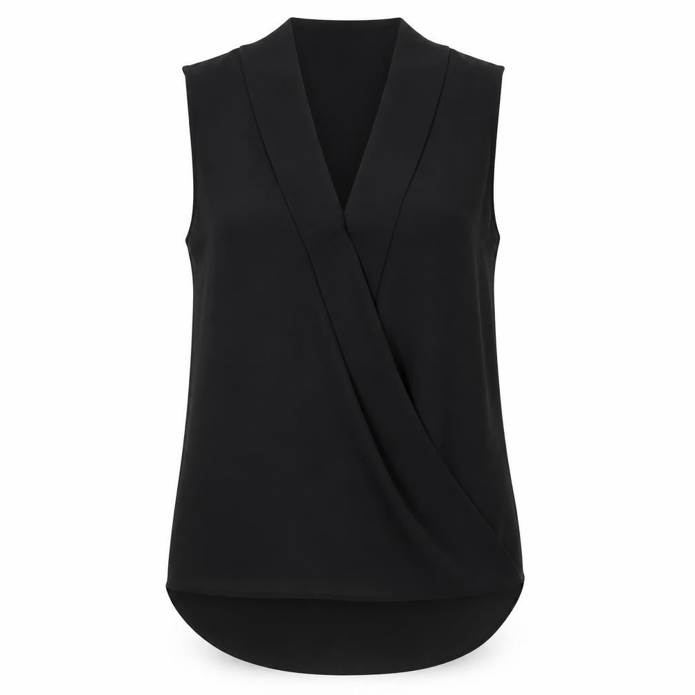 Front view of Paraphrase Women's Black Sleeveless Wrap Blouse