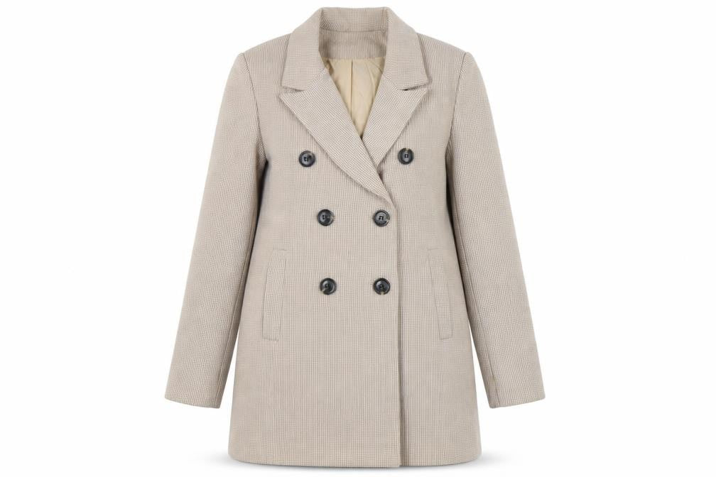 Front view of Boohoo Women's Beige Check Pea Coat, size 12