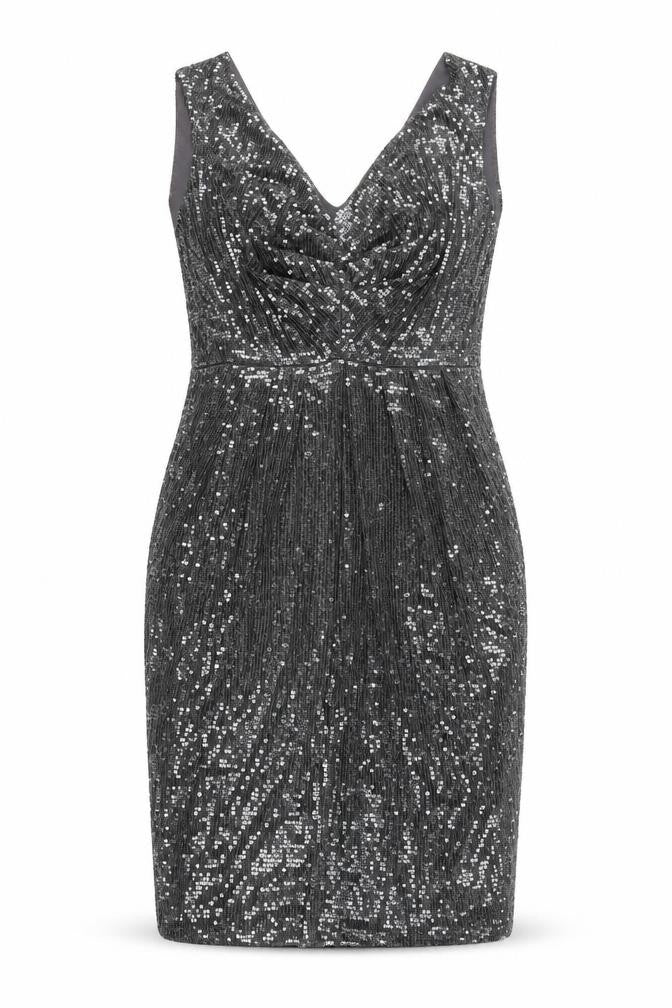 Front view of Monsoon Women's Silver Sequin Sheath Dress, size 16