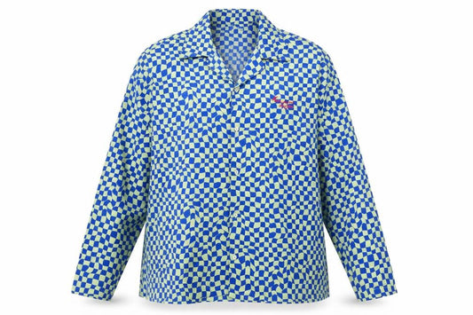 Front view of Zara Women's Blue Geometric XL Button-Up Shirt