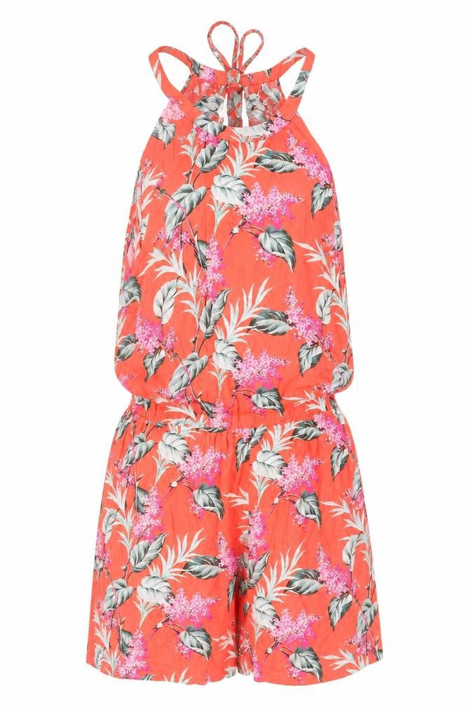 Front view of Oasis Women's Red Floral Jumpsuit, Medium - Summer Essential