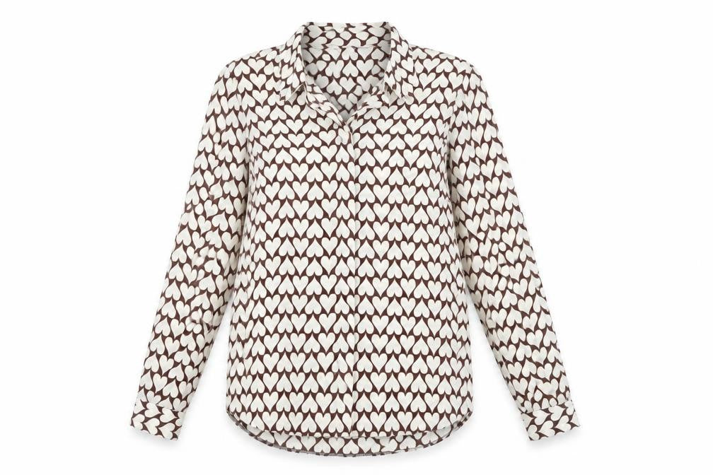 Front view of New Look Women's Brown Geometric Button-Up Shirt, size 6