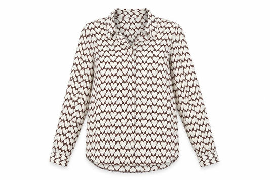 Front view of New Look Women's Brown Geometric Button-Up Shirt, size 6