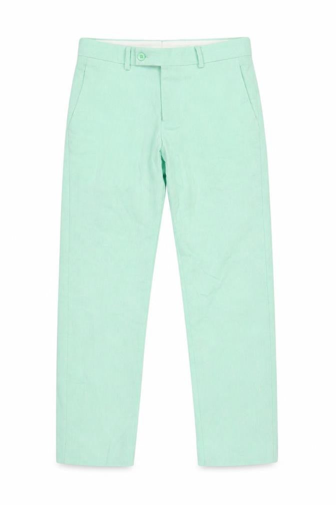 Front view of boohooMAN Men's Green Chino Trousers, size 28