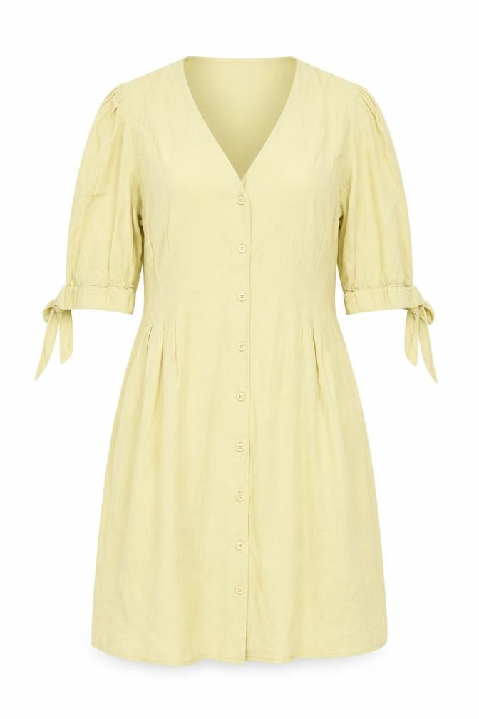 Front view of Very Women's Beige Puff Sleeve Button Dress